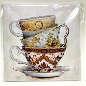NWT Lovely Teacups Stacked Up in This Canvas Wall Art. 8” x 8”